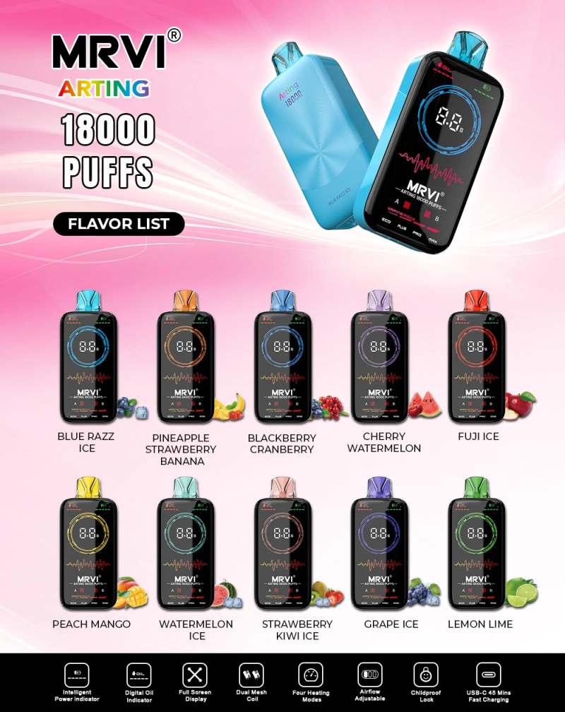Yuerwei-Mrvi-Arting-18000-Puffs-10-Flavors-600mAh-Rechargeable-Battery-26ml-Capacity-2-3-5-Nic-Full-Screen-Display-Mrvi-Bar-Disposable-Vape-Elf-Bar-18K